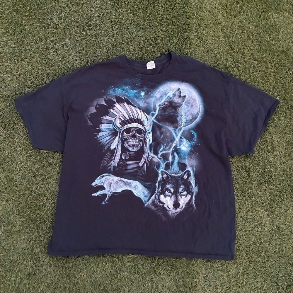 Gildan Mens 3XL Black Wolf Skull Graphic T-Shirt Howling Moon Cotton